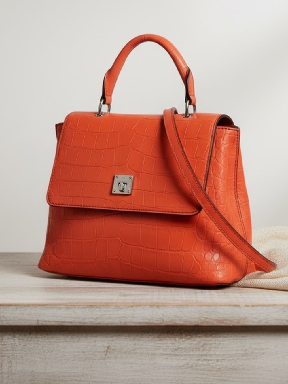 MCM Mode Travia Croc Embossed Leather Satchel Crossbody Coral